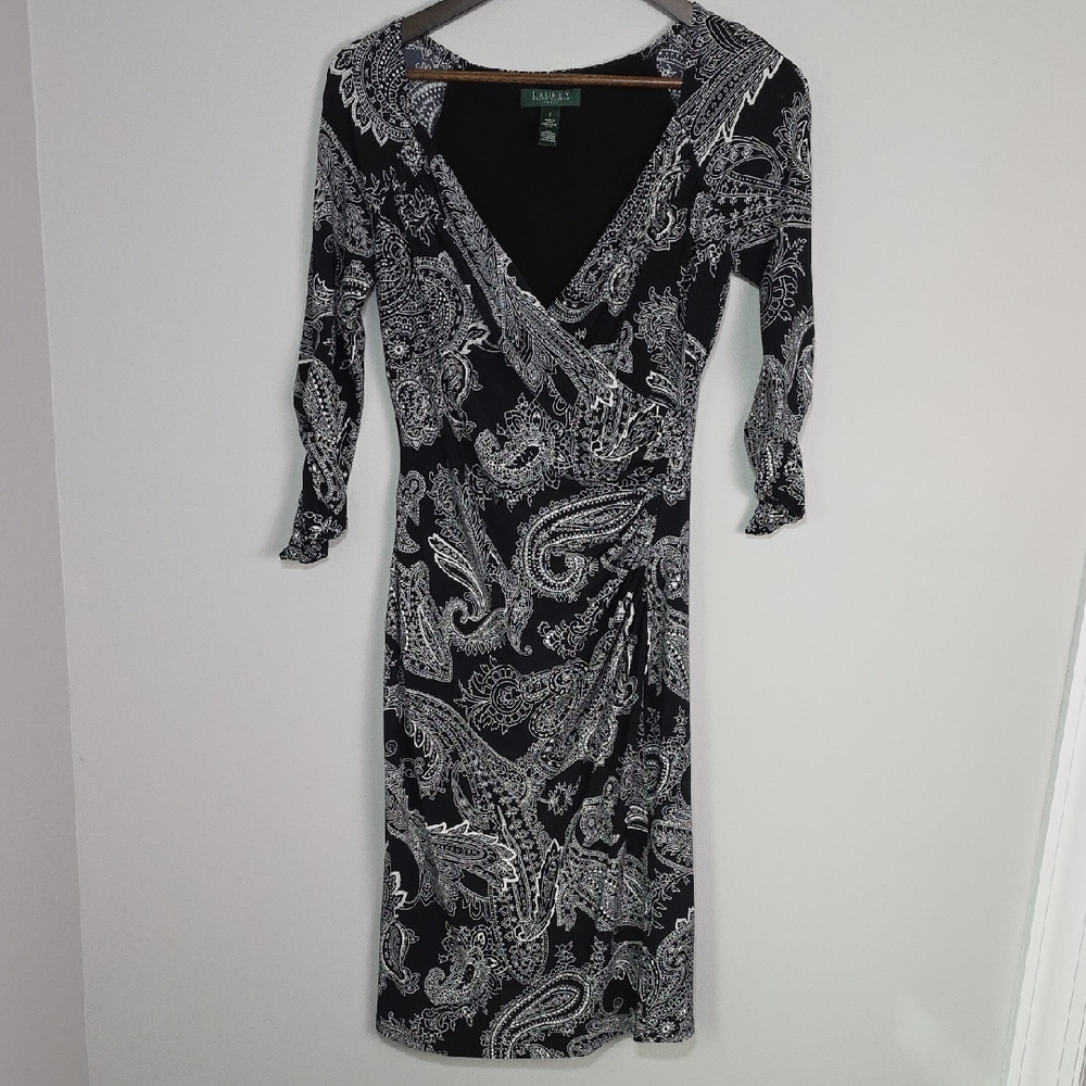 Lauren Ralph Lauren Black and White Paisley Midi Dress Stretch Size 2